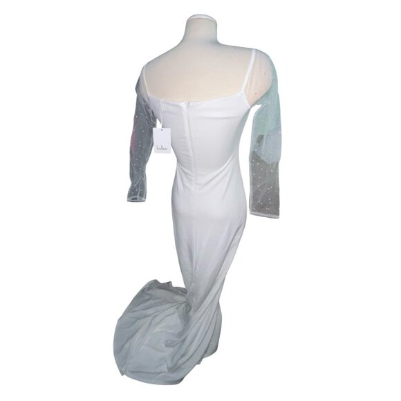 Lulus Eternally Beloved White Mesh Off-the-Shoulder Pearl Maxi Wedding Dress Sz - Picture 16 of 16